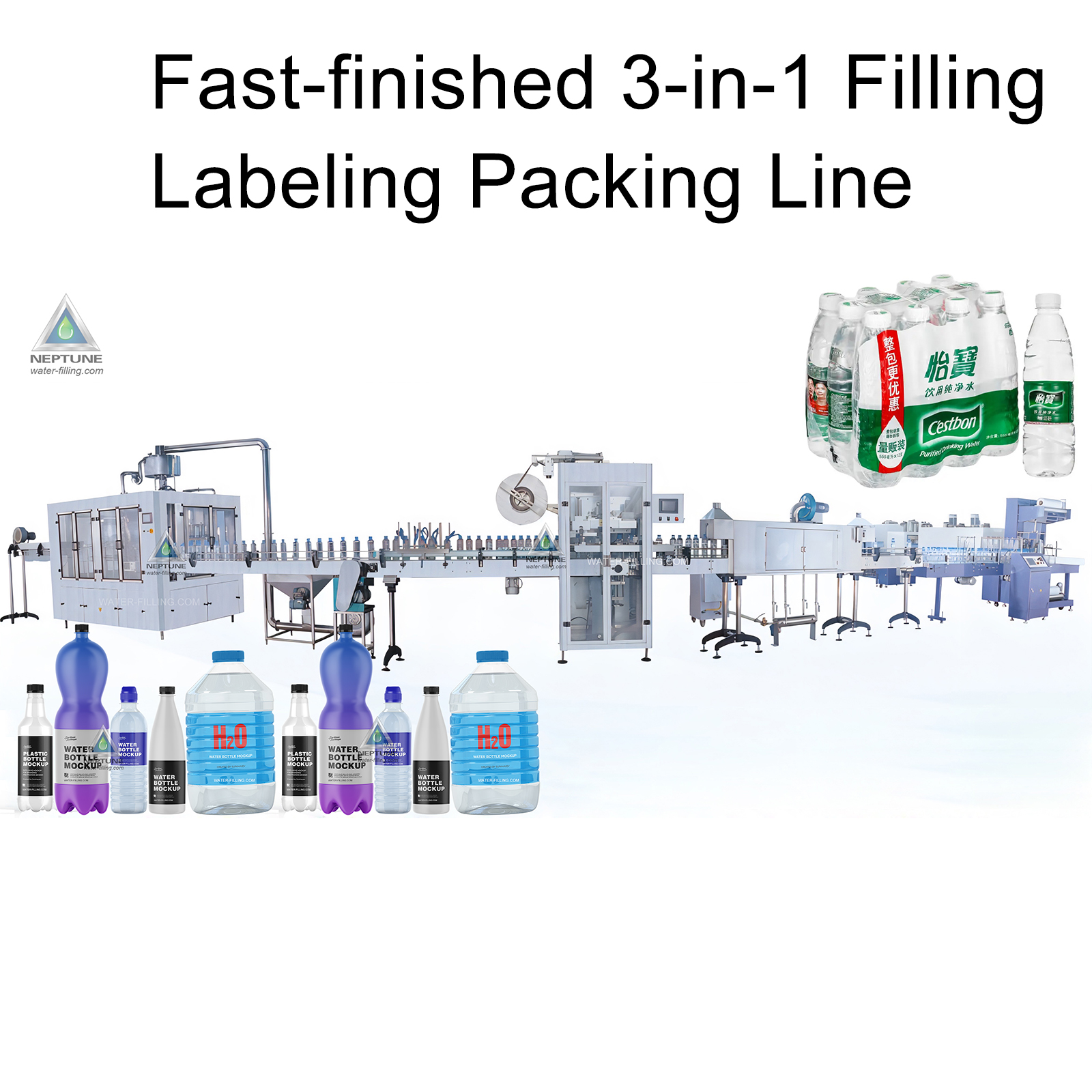 an complete fast finished bottled water production line included filling labeling and packing